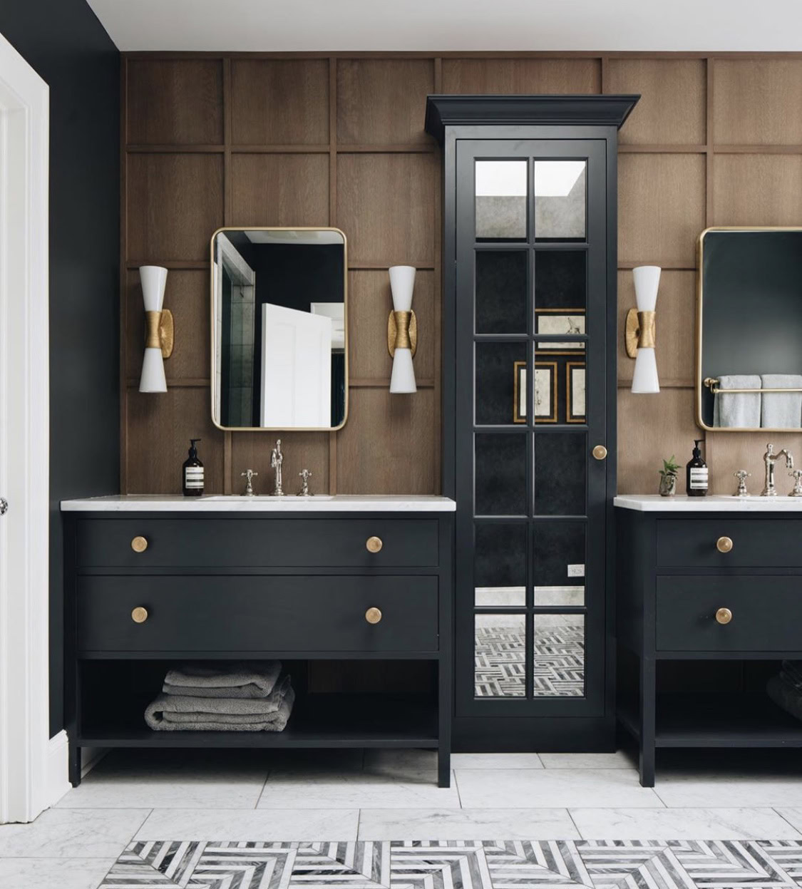 Elegant bathroom with wood-paneled walls and black vanity units with gold accents.