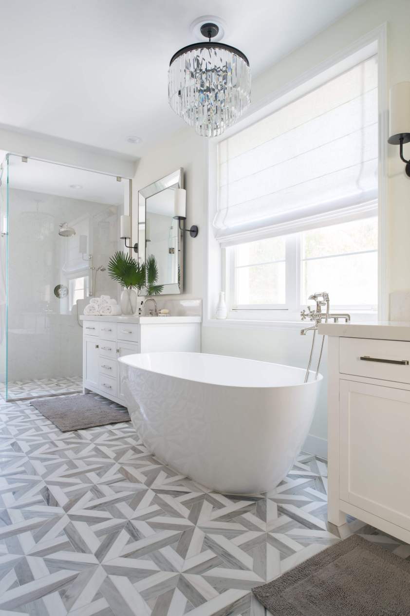 Stylish bathroom featuring a freestanding bathtub, patterned tiles, and natural light.