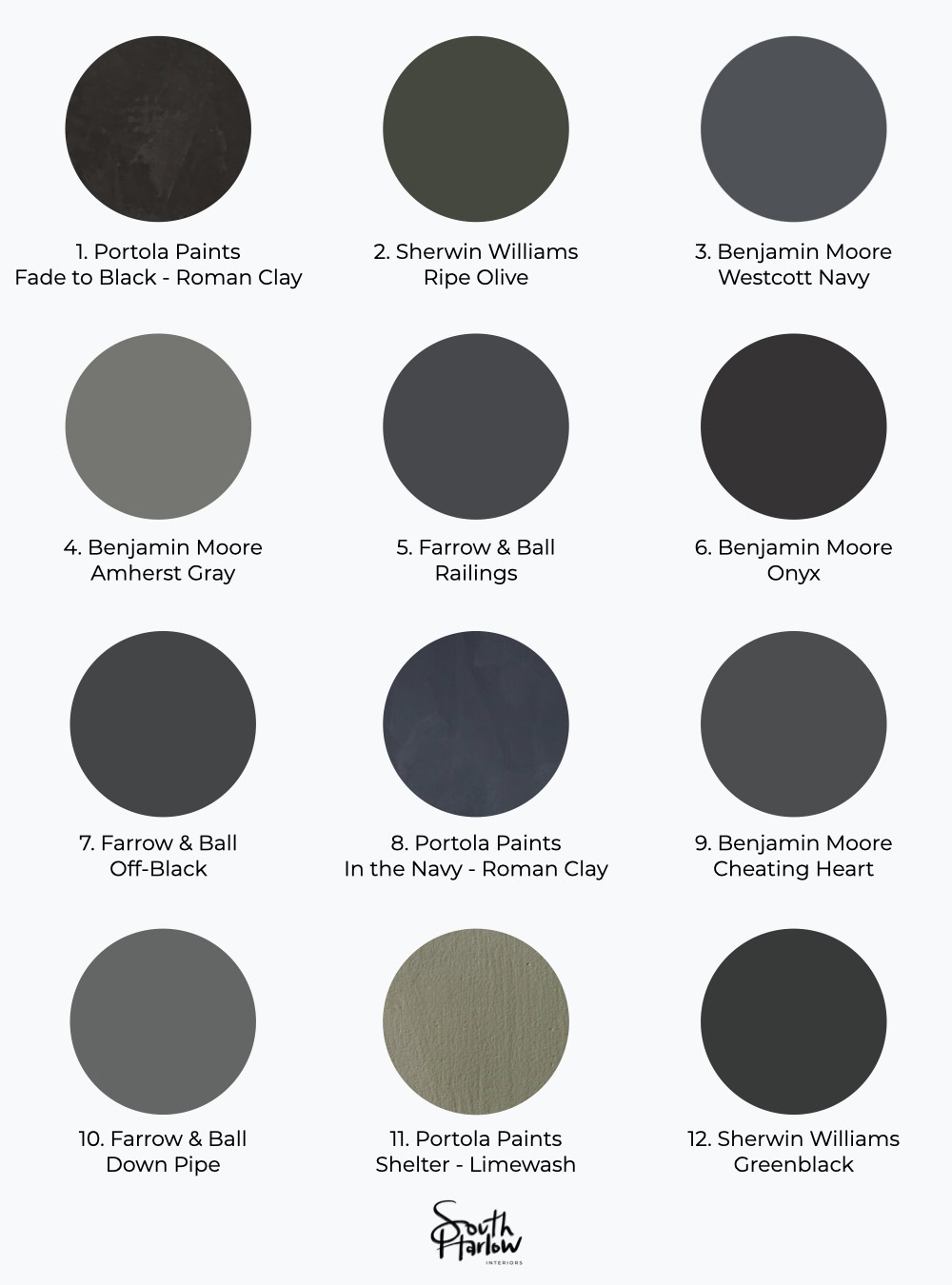 Collection of dark paint swatches including black, navy, and gray shades for interior design.