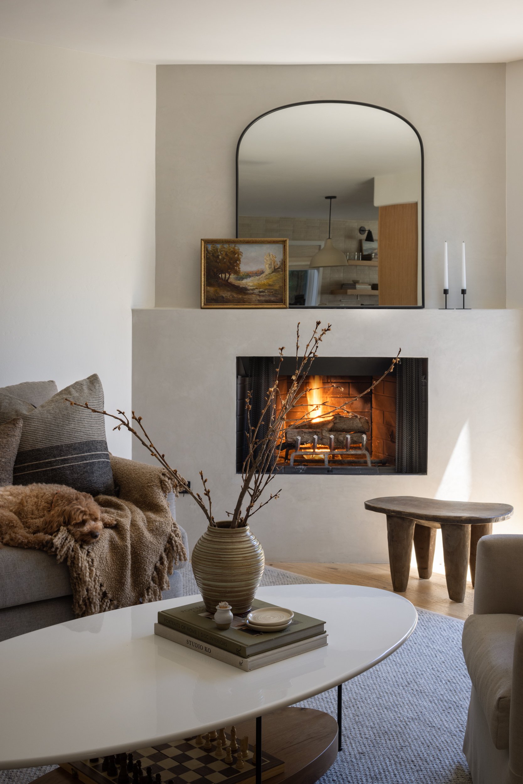 Elegant Hermosa living room with cozy fireplace and modern decor.