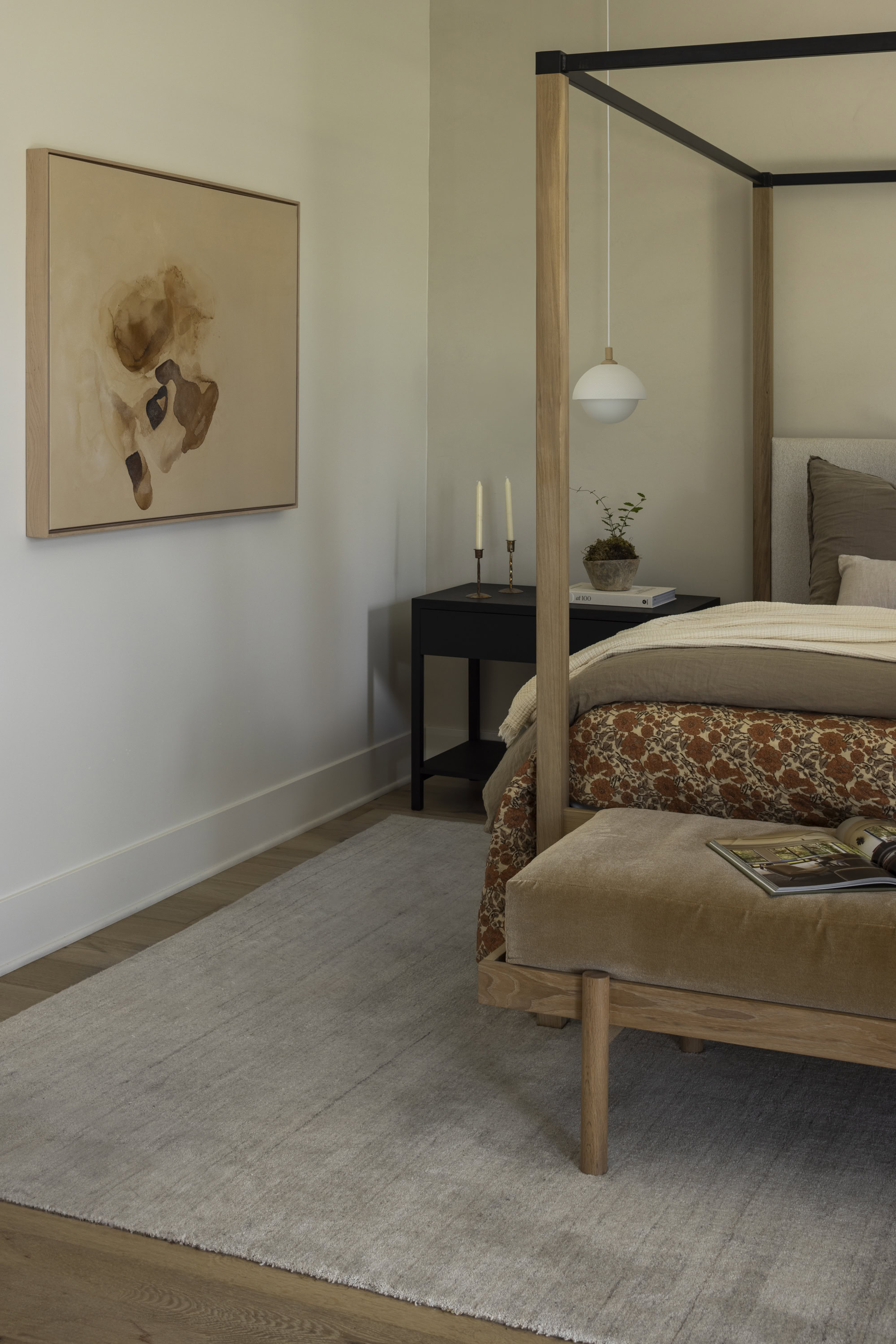 Elegant bedroom with minimalist design and natural tones.