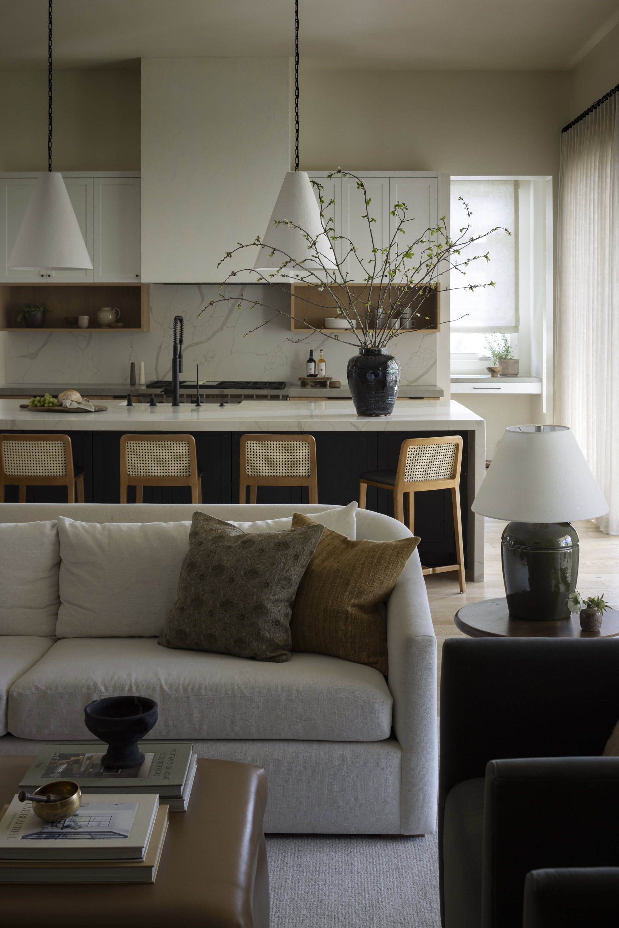 Interior of a modern kitchen and living room with stylish decor.