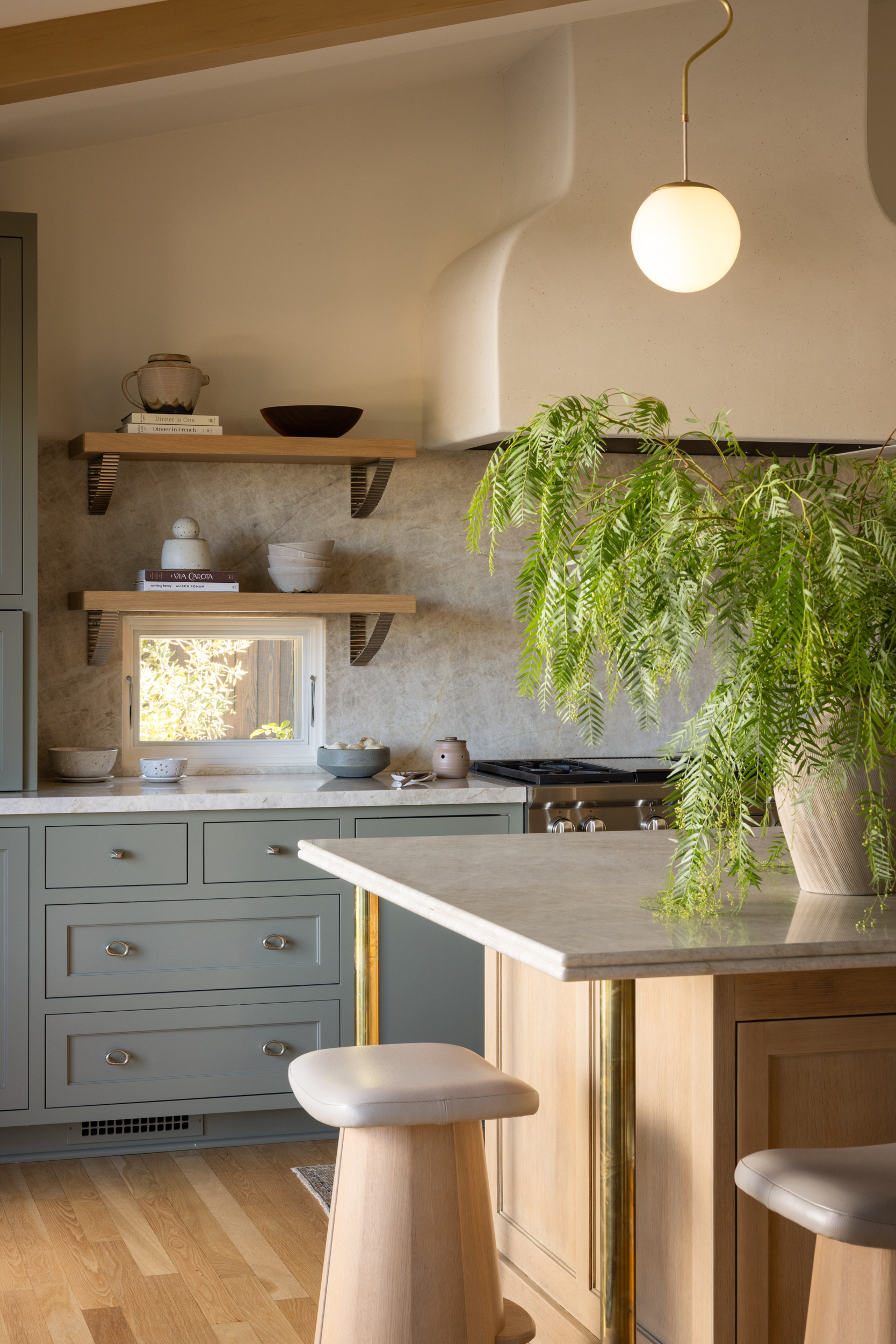 Modern kitchen with pastel blue cabinets, wooden accents, and lush green plant decor.