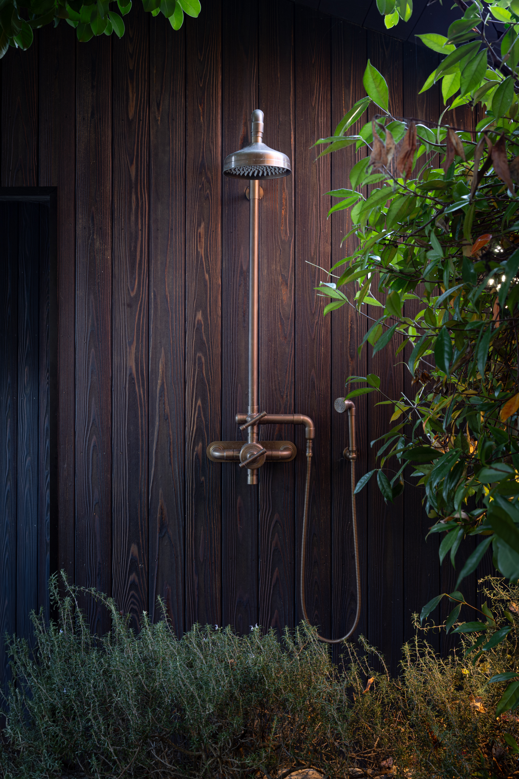 Modern outdoor shower with wooden wall and lush greenery.