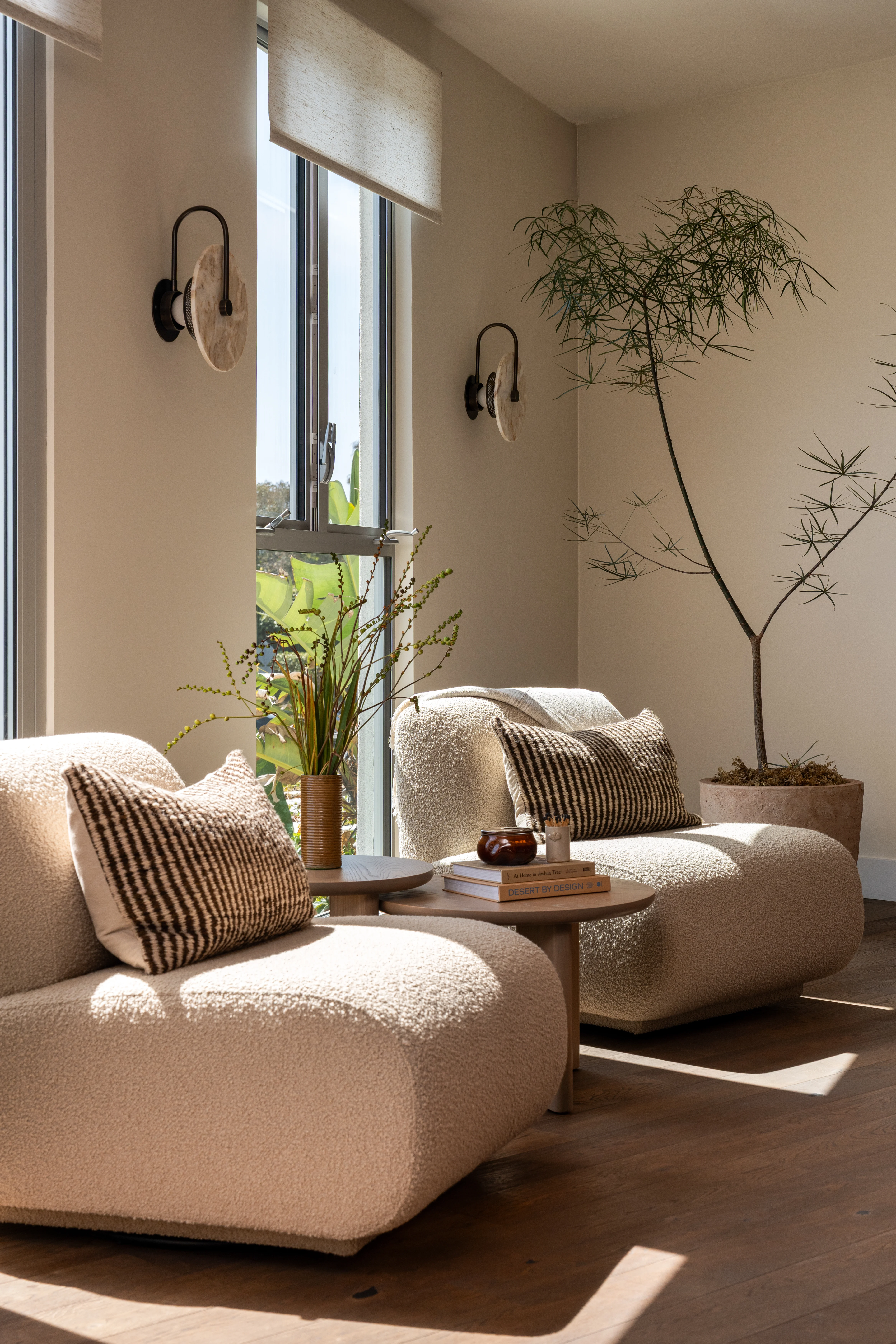 Sunlit office lounge with soft sculptural seating.