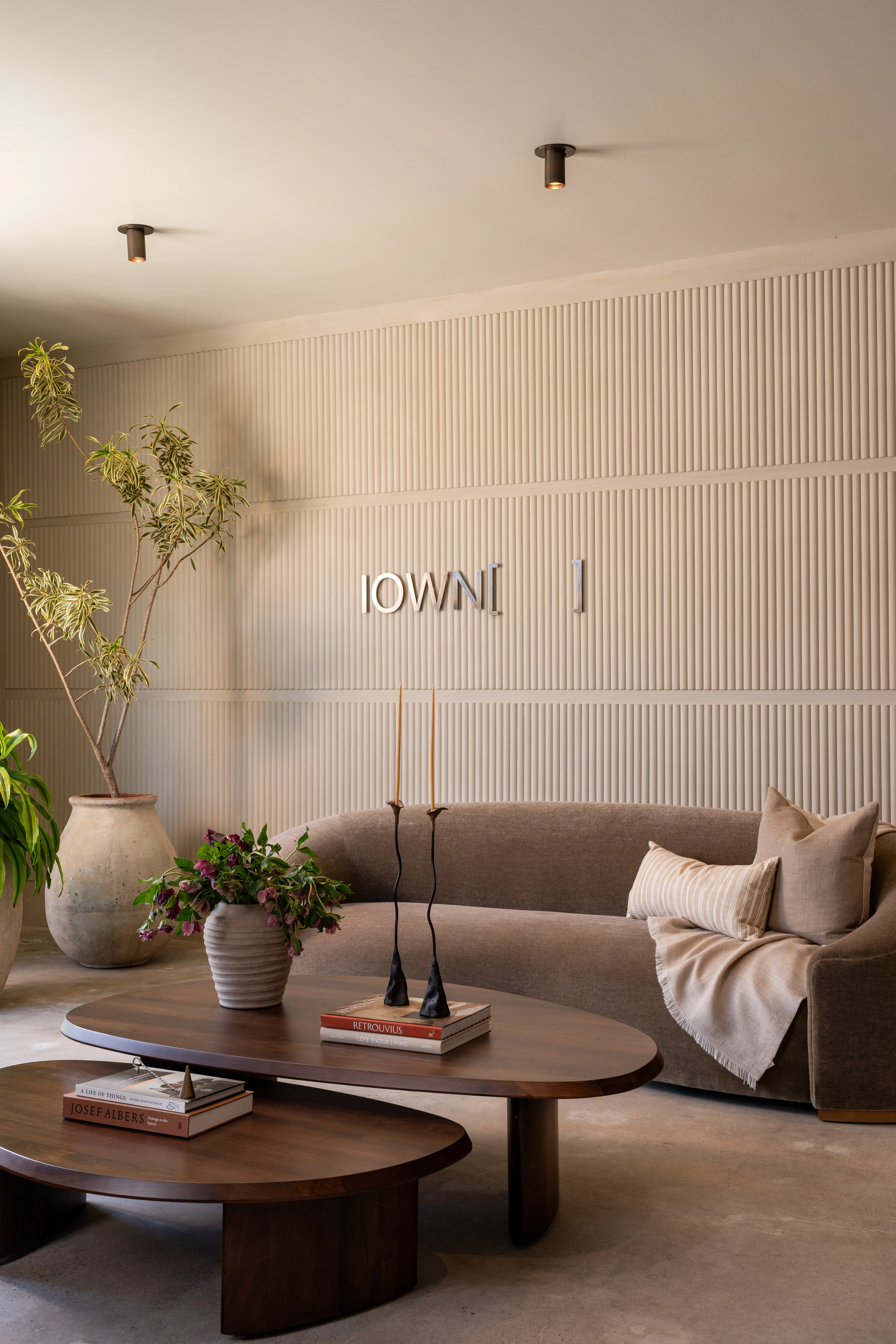 IOwn reception lounge with curved sofa, warm wood tables, and fluted walls.