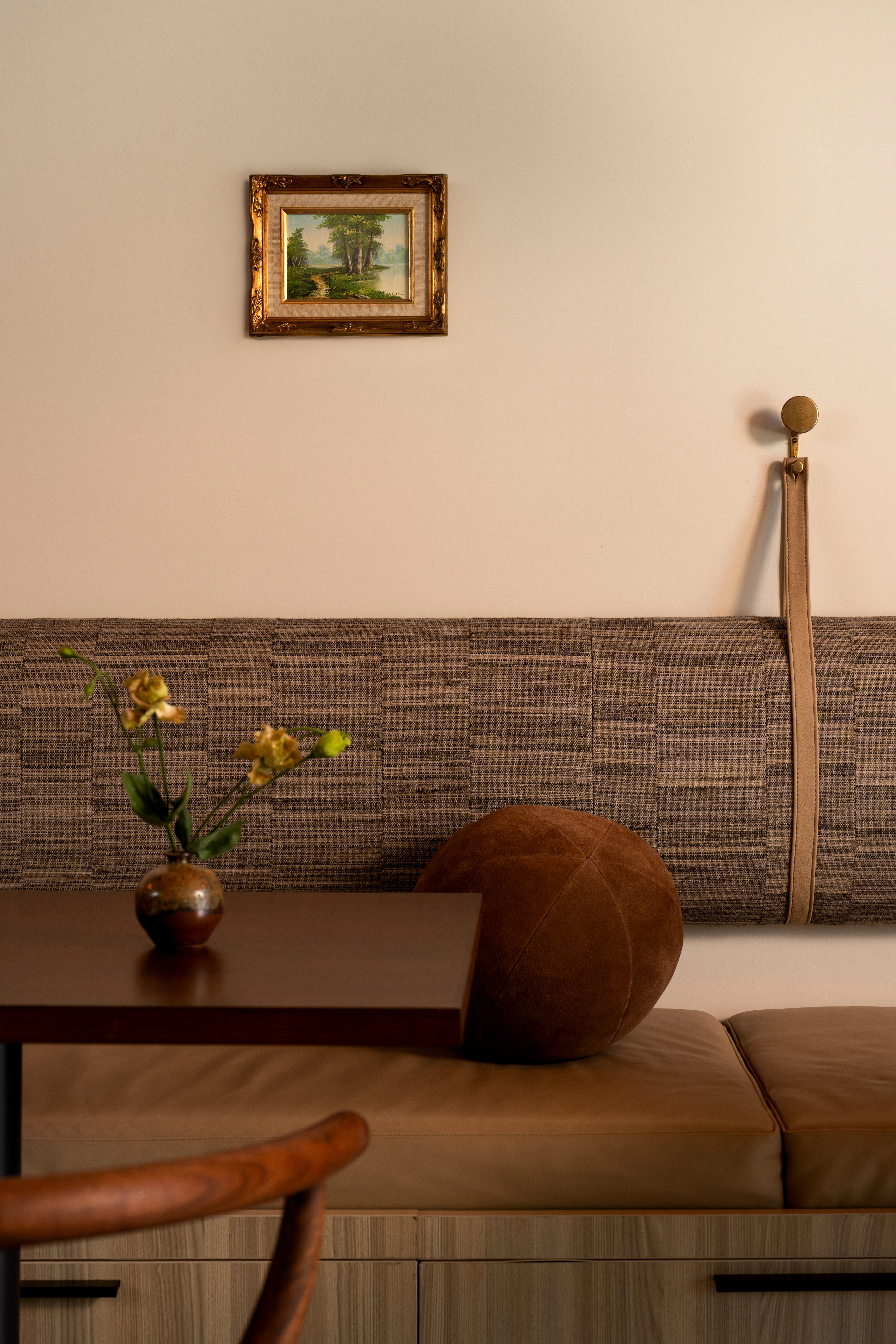 Textured banquette and side table in the IOwn office.
