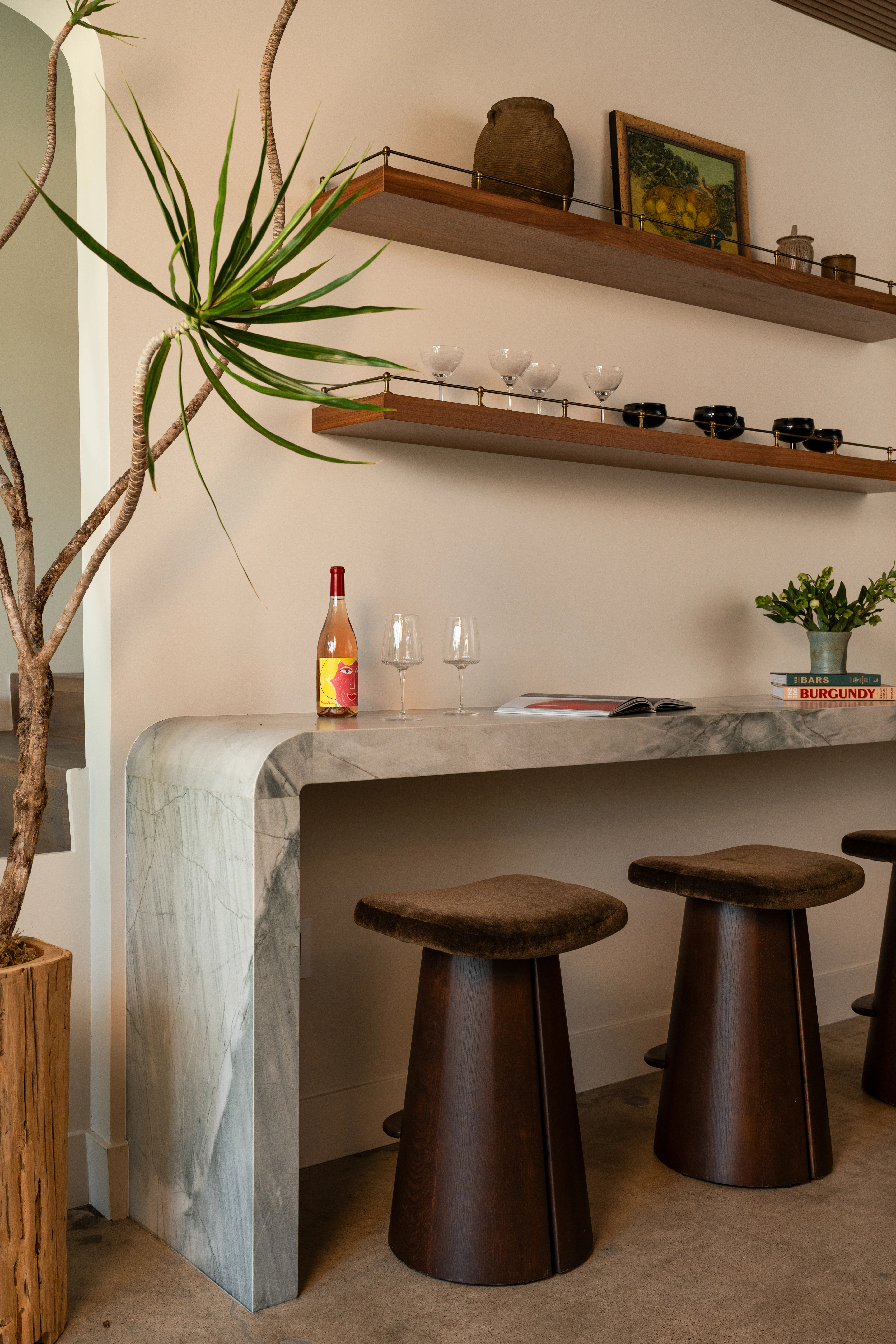 Office kitchen with stone counter, wood shelves, and indoor tree.
